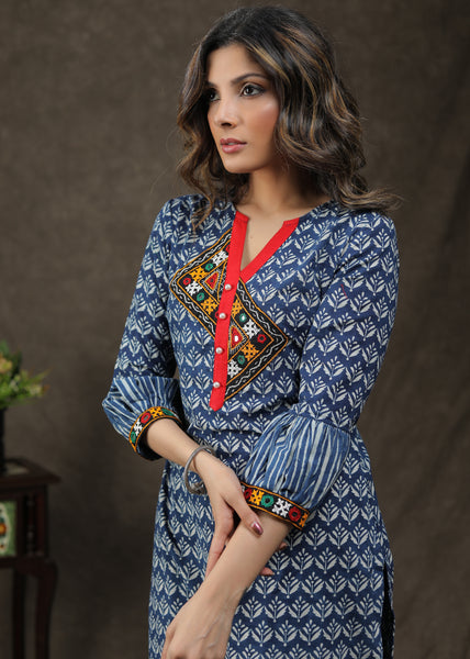 Beautiful Cotton Indigo Tunic With Handmade Kutch Mirror Work And Unique Sleeves