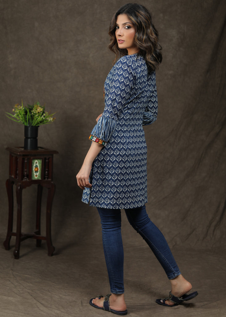Beautiful Cotton Indigo Tunic With Handmade Kutch Mirror Work And Unique Sleeves
