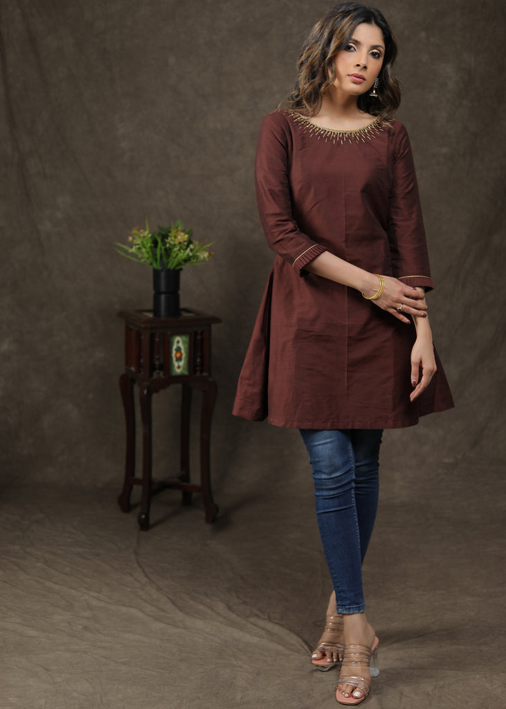 Exclusive Cotton Silk Tunic With Handmade Embroidery On Neck And Pocket