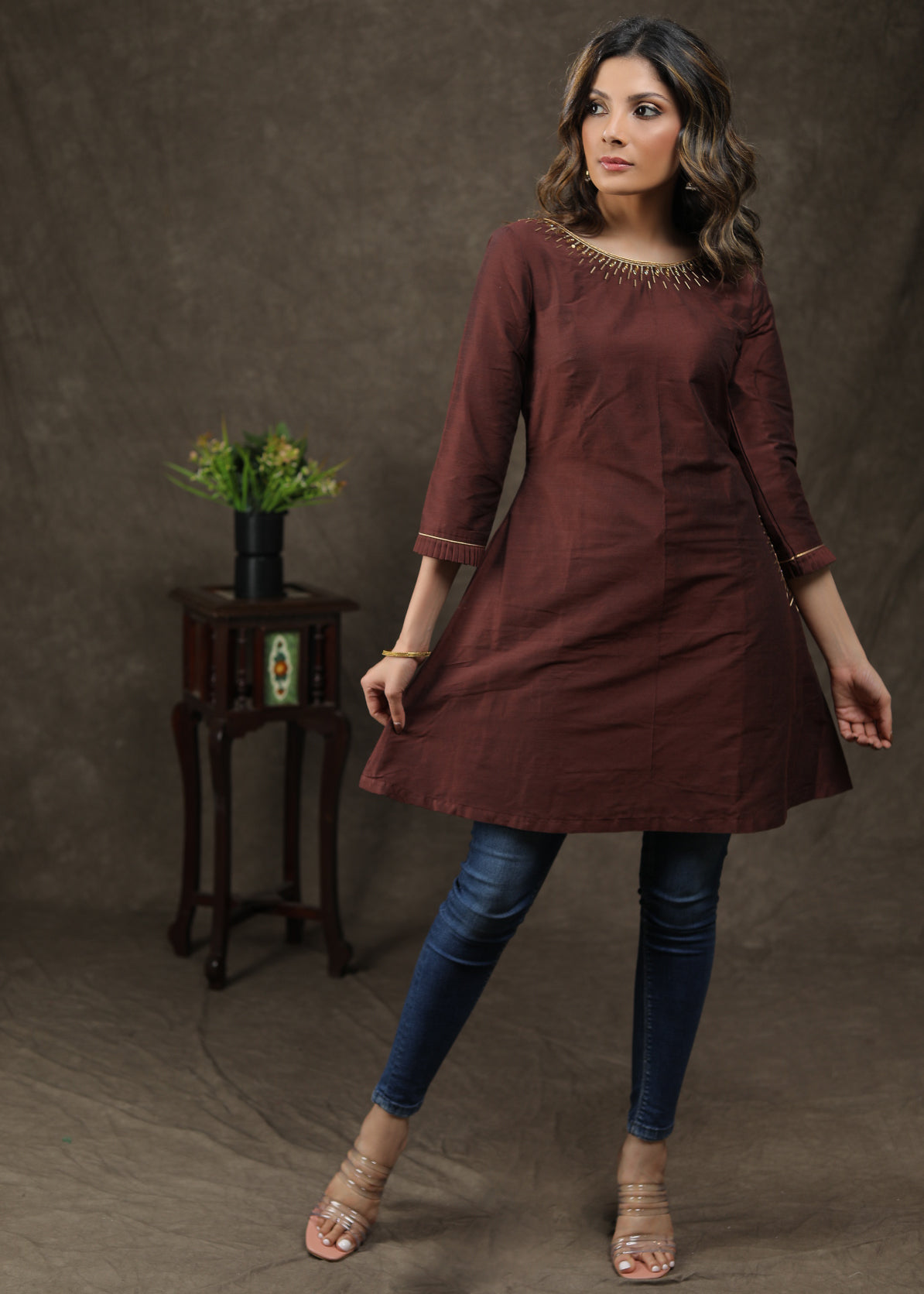 Dussehra Sale — Exclusive Cotton Silk Tunic With Handmade Embroidery On Neck And Pocket