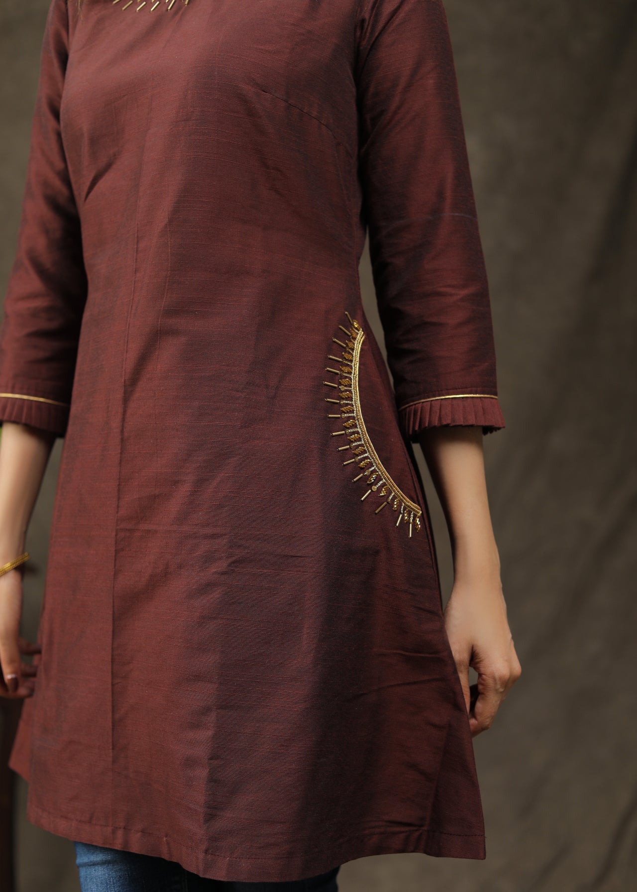 Exclusive Cotton Silk Tunic With Handmade Embroidery On Neck And Pocket