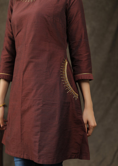 Exclusive Cotton Silk Tunic With Handmade Embroidery On Neck And Pocket