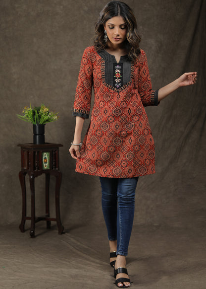 Smart Ajrakh Tunic With Embroidery Work On Yoke
