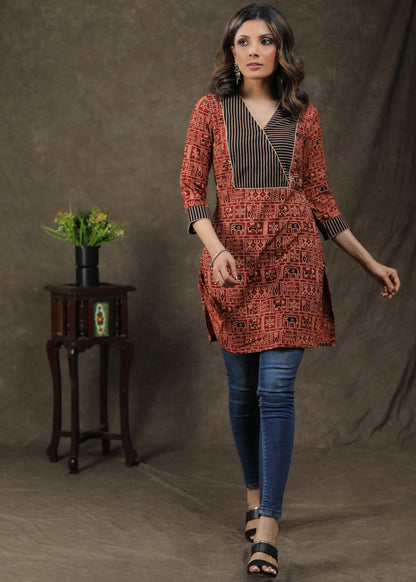 Dussehra Sale — Stylish Cotton Animal Printed Ajrakh Combination Tunic