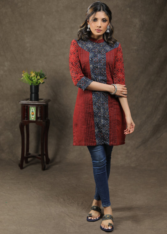 Ajrakh Combination Tunic With Pintuck And Stone Work