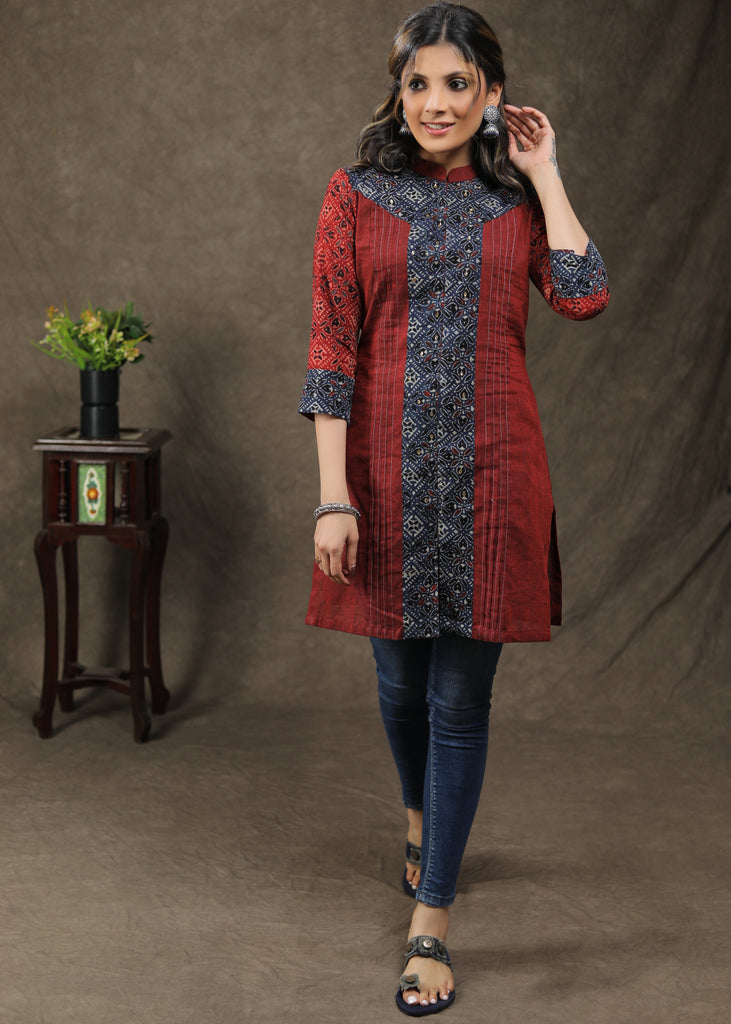 Ajrakh Combination Tunic With Pintuck And Stone Work