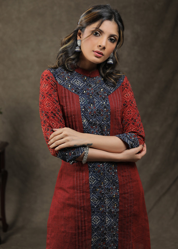 Ajrakh Combination Tunic With Pintuck And Stone Work