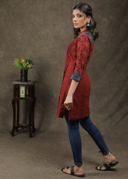 Ajrakh Combination Tunic With Pintuck And Stone Work