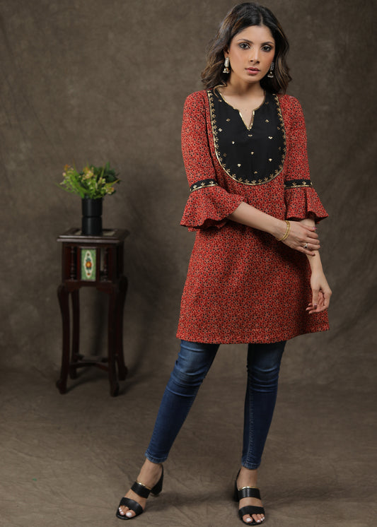 Elegent Cotton Ajrakh Tunic With Attractive Hand Work On Yoke