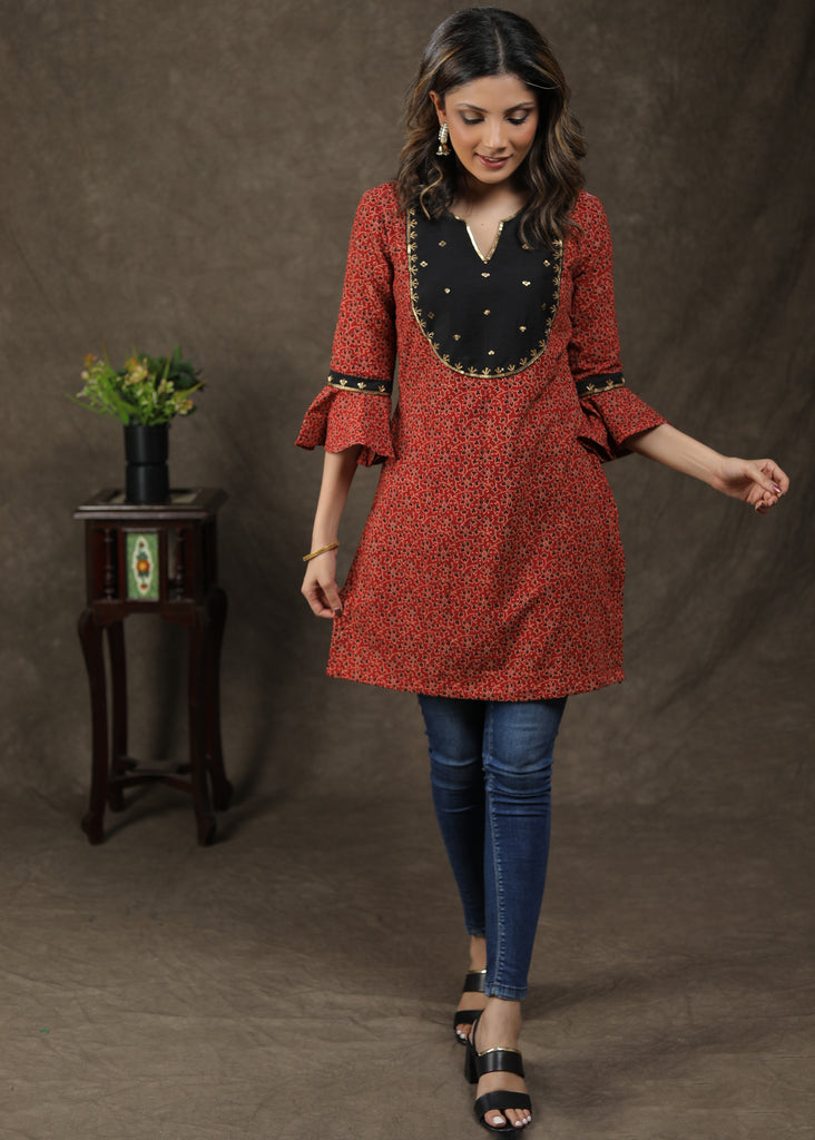 Elgent Cotton Ajrakh Tunic With Attractive Hand Work On Yoke