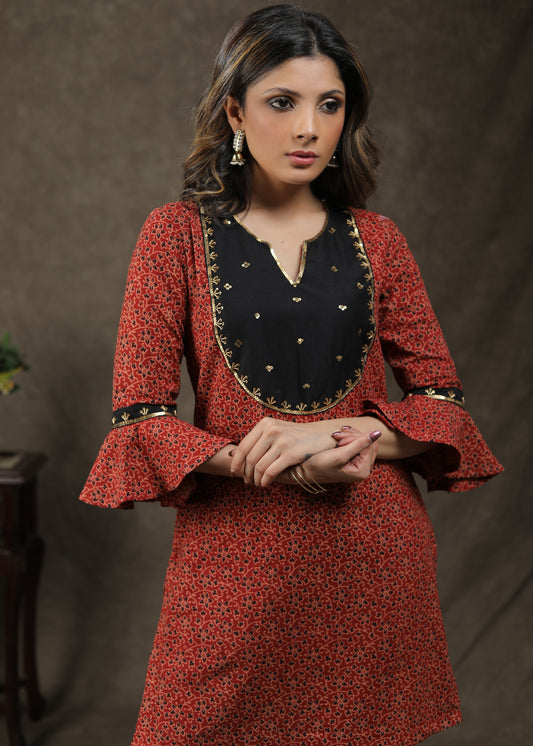 Elegent Cotton Ajrakh Tunic With Attractive Hand Work On Yoke
