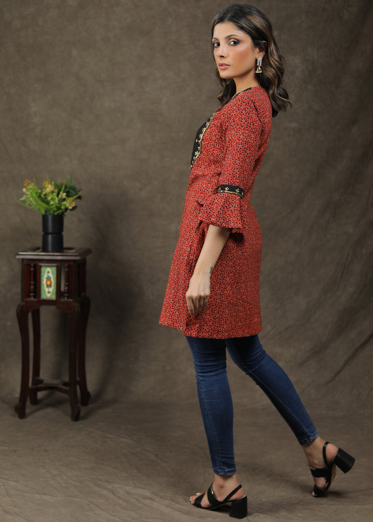 Elgent Cotton Ajrakh Tunic With Attractive Hand Work On Yoke