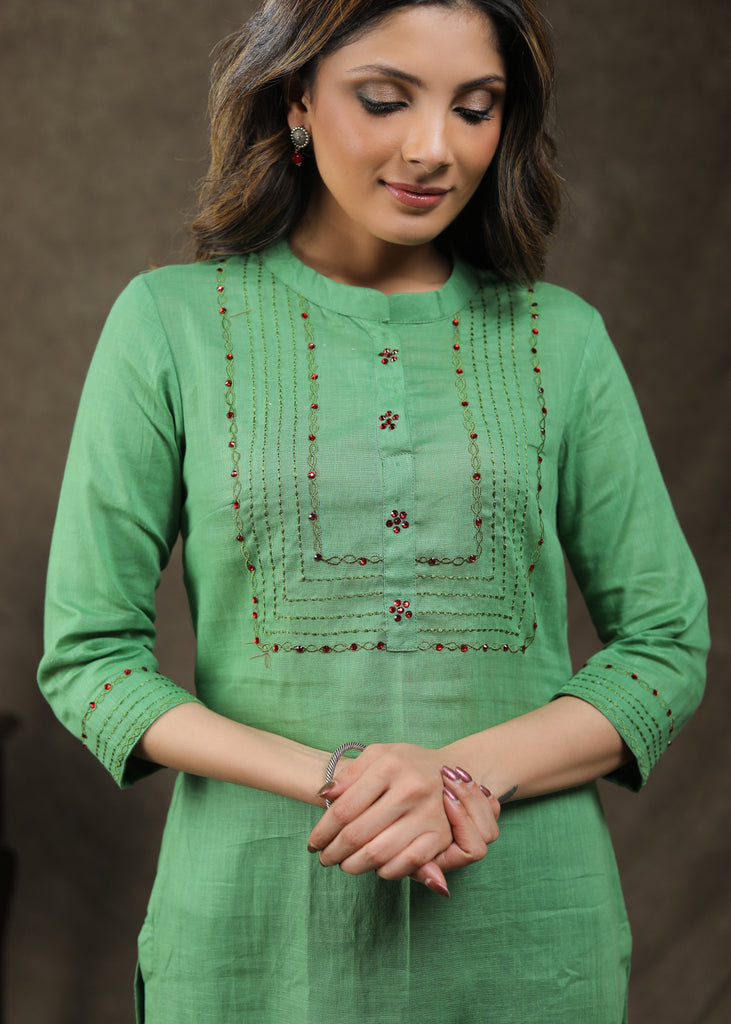 Graceful Cotton Tunic with Stone and Embroidery work on Yoke and Sleeves