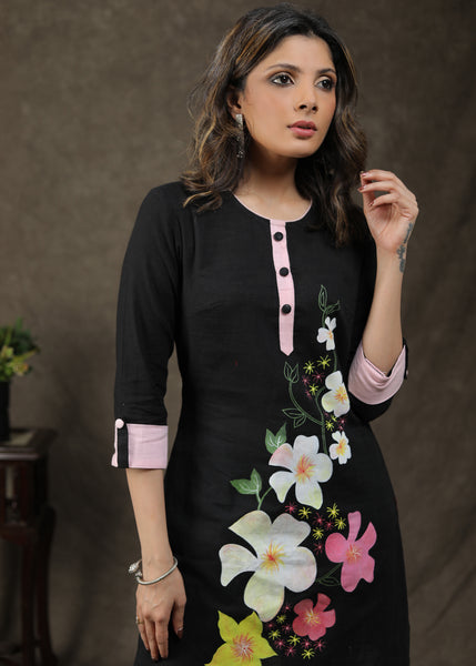Exclusive Black Cotton Tunic With Beautiful Handpainted Work