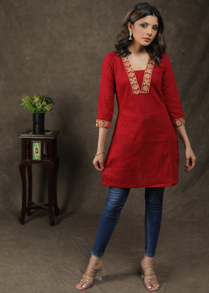 Smart Cotton Tunic With Exclusive Embroidery Work On Yoke And Neck