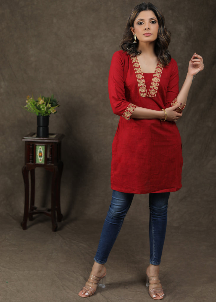 Smart Cotton Tunic With Exclusive Embroidery Work On Yoke And Neck