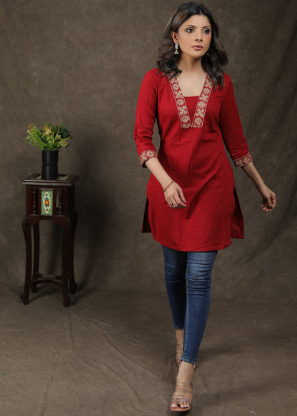 Smart Cotton Tunic With Exclusive Embroidery Work On Yoke And Neck