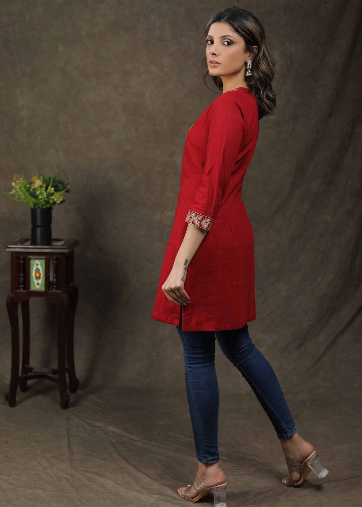 Smart Cotton Tunic With Exclusive Embroidery Work On Yoke And Neck