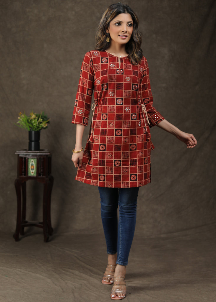Exclusive Cotton Ajrakh Tunic With Stone Work And Tie String