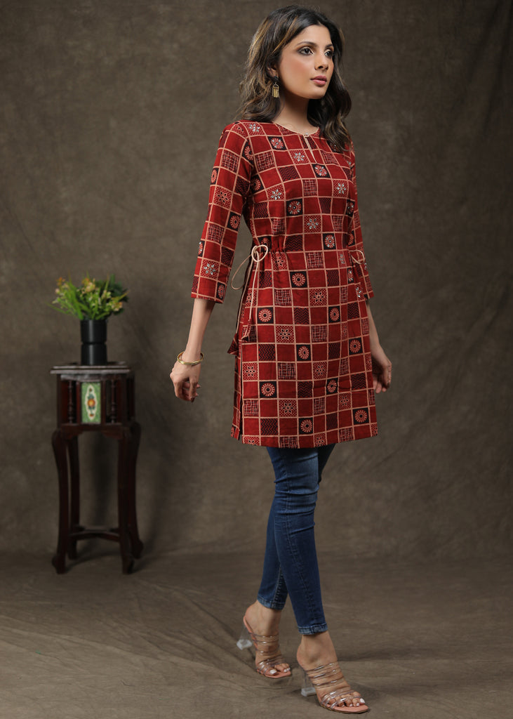 Exclusive Cotton Ajrakh Tunic With Stone Work And Tie String