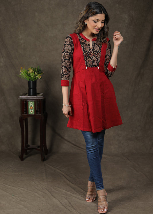 Smart Cotton Ajrakh Tunic With Shell On Yoke