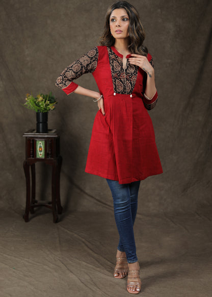 Smart Cotton Ajrakh Tunic With Shell On Yoke