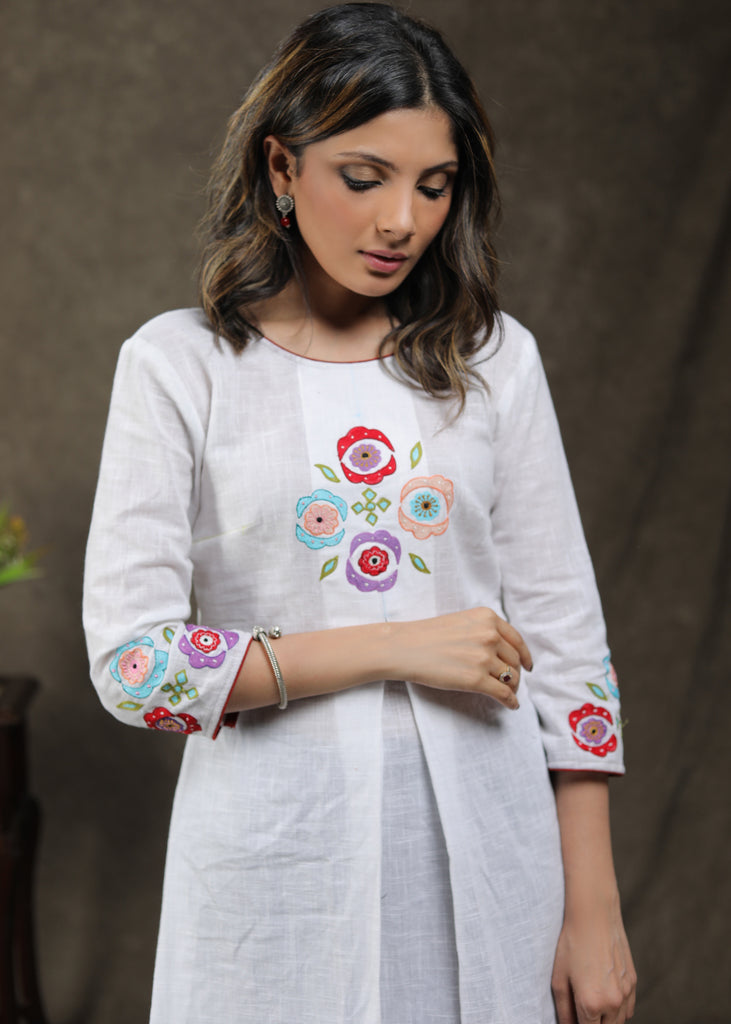 Classic White Cotton Pleated Tunic With Contrast Embroidery Work On Yoke And Sleeves