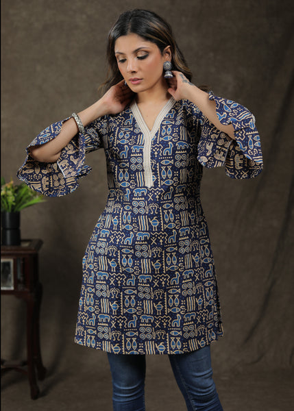 Elegant Cotton Ajrakh Tunic With Animal Print