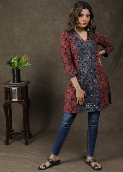 Elegant Ajrakh Combination Tunic With Stone Work