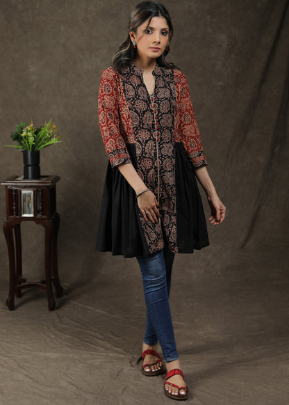 Stylish Cotton Ajrakh Combination Pleated Tunic