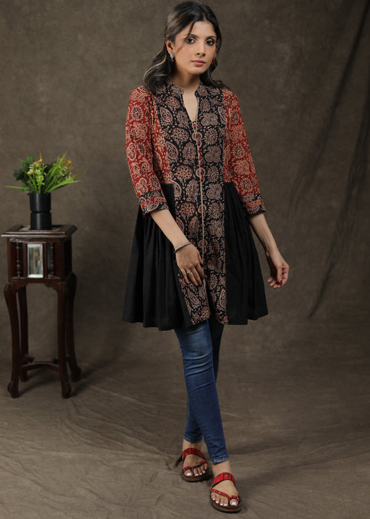 Stylish Cotton Ajrakh Combination Pleated Tunic