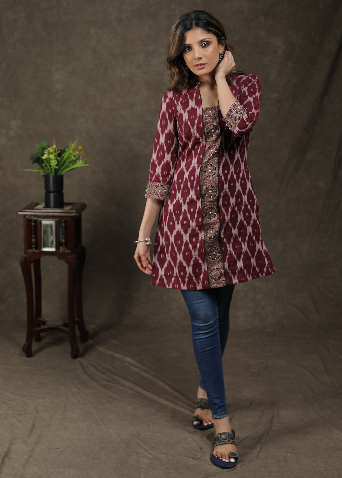 Exclusive Cotton Ikat Ajrakh Combination Tunic With Beautiful Pearl Work