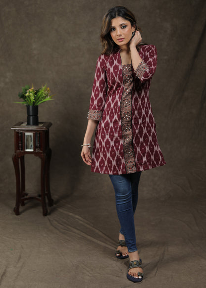 Exclusive Cotton Ikat Ajrakh Combination Tunic With Beautiful Pearl Work