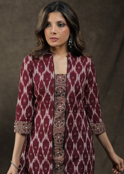 Exclusive Cotton Ikat Ajrakh Combination Tunic With Beautiful Pearl Work
