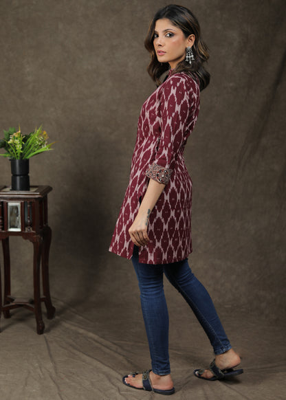 Exclusive Cotton Ikat Ajrakh Combination Tunic With Beautiful Pearl Work