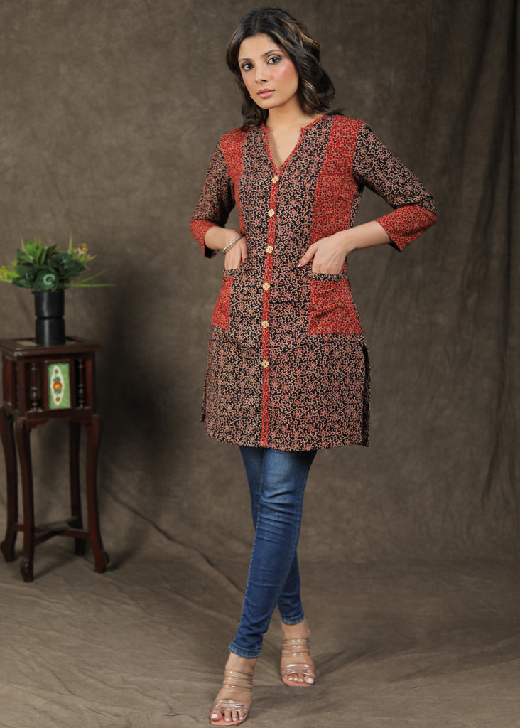 Stylish Ajrakh Combination Tunic With Pocket And Wooden Button