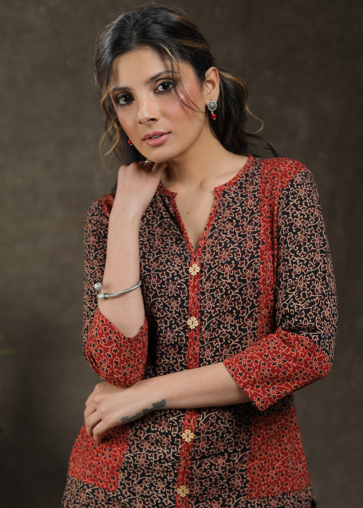 Stylish Ajrakh Combination Tunic With Pocket And Wooden Button