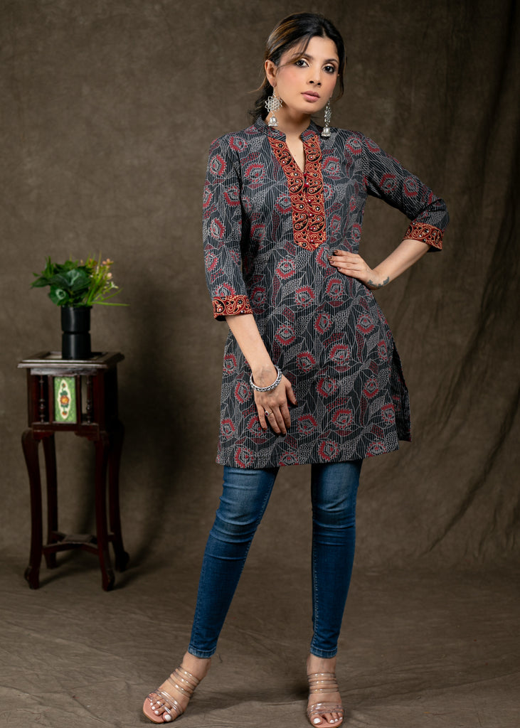 Exclusive Cotton Kantha and Ajrakh Combination With Stone Work On Yoke and Sleeves