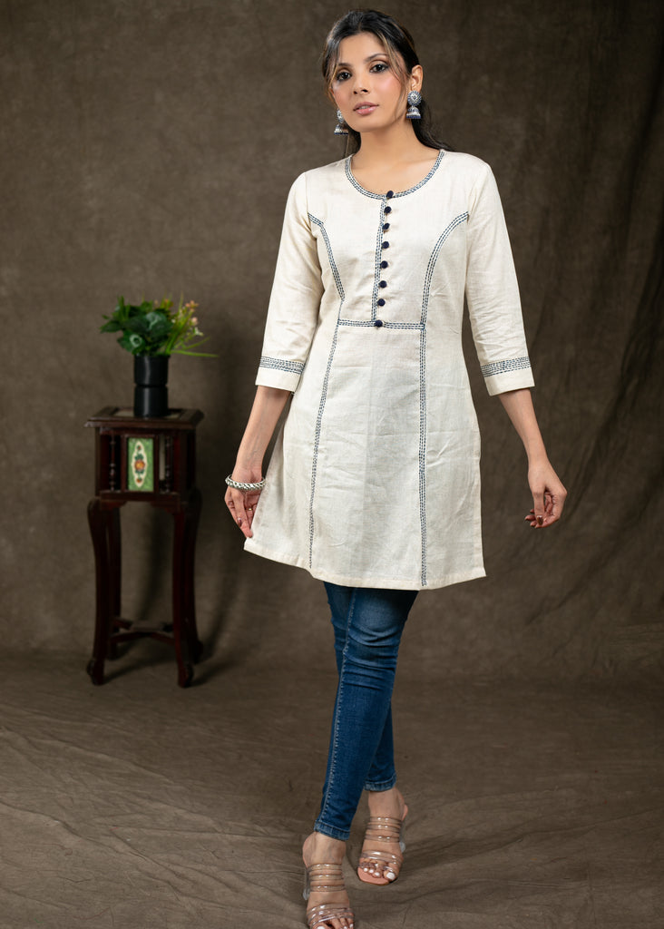 Simple And Stylish Handloom Cotton Tunic with Overall Stitch Embroidery