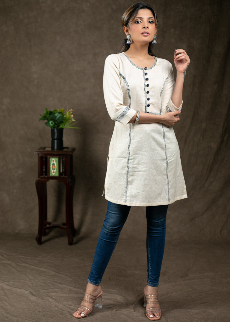 Simple And Stylish Handloom Cotton Tunic with Overall Stitch Embroidery