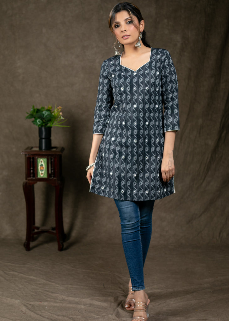 Navy Blue Kantha Work Tunic Beautiful Mirror Embroidery and Pearl Work