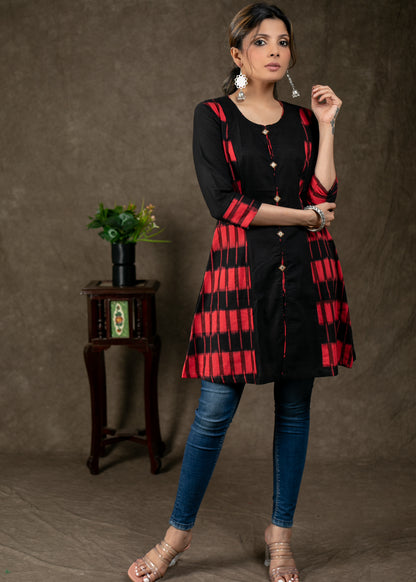 Trendy Double Ikat Combination Cotton Tunic with Wooden Button