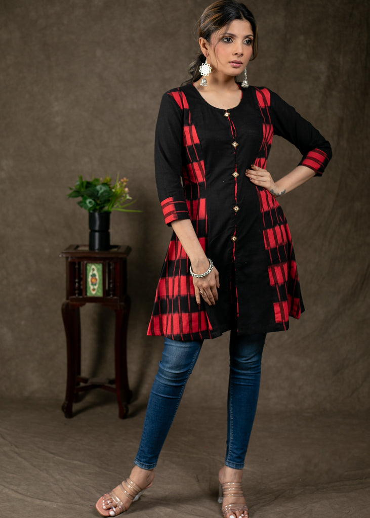 Trendy Double Ikat Combination Cotton Tunic with Wooden Button