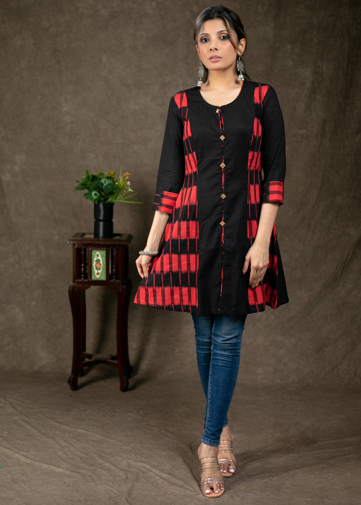 Trendy Double Ikat Combination Cotton Tunic with Wooden Button