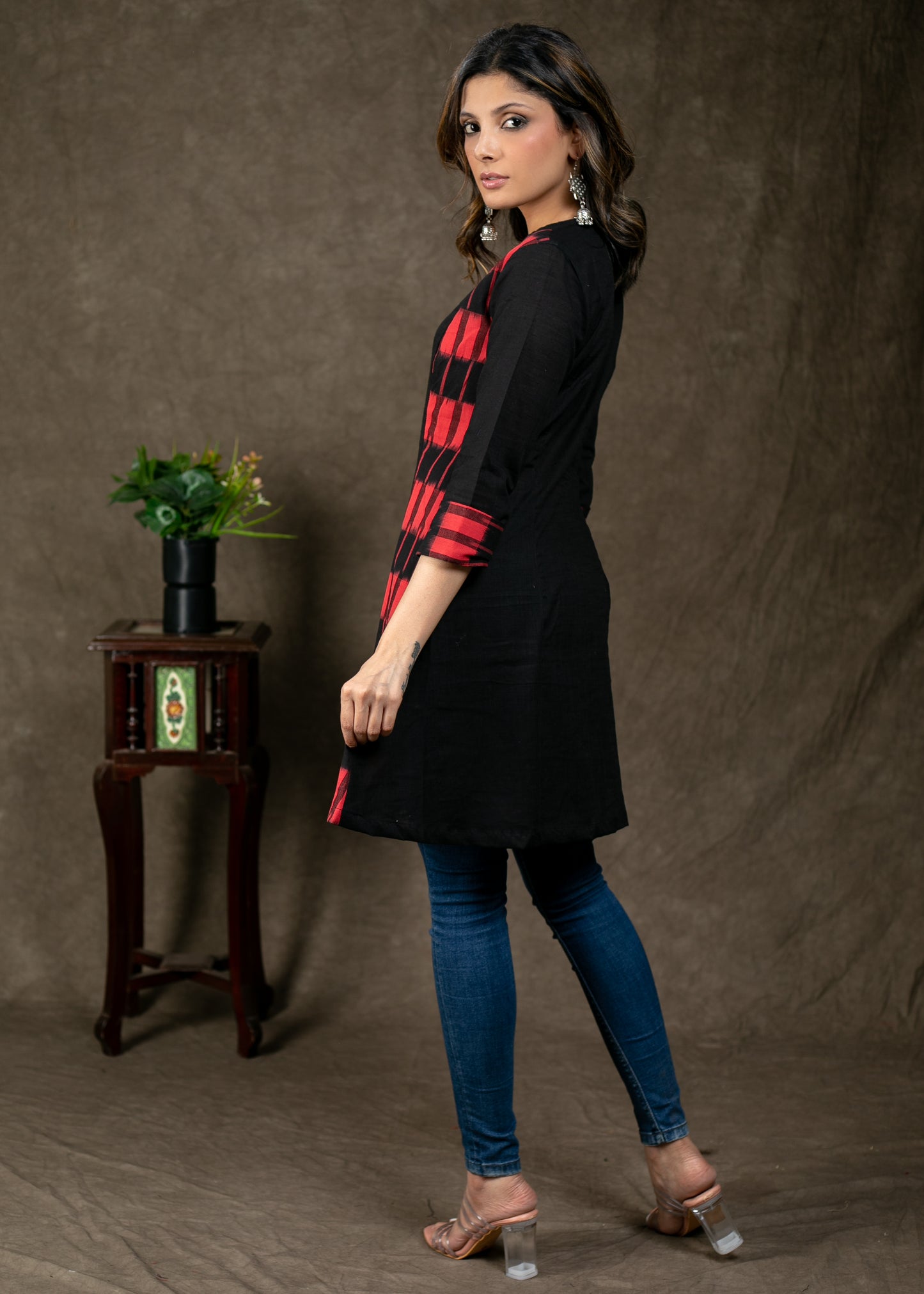 Trendy Double Ikat Combination Cotton Tunic with Wooden Button