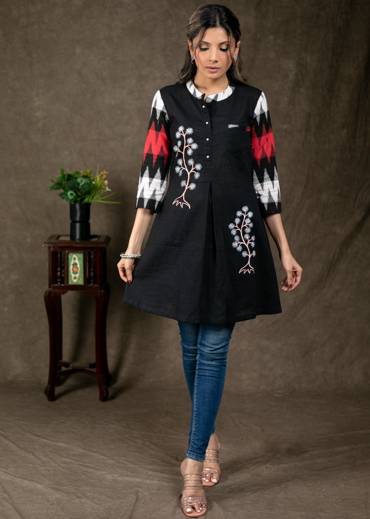 Beautiful Hand painted Black Cotton Tunic with Ikat Combination