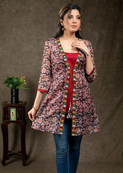 Layered Floral Print with Handmade Kutch Work with Matching Inner