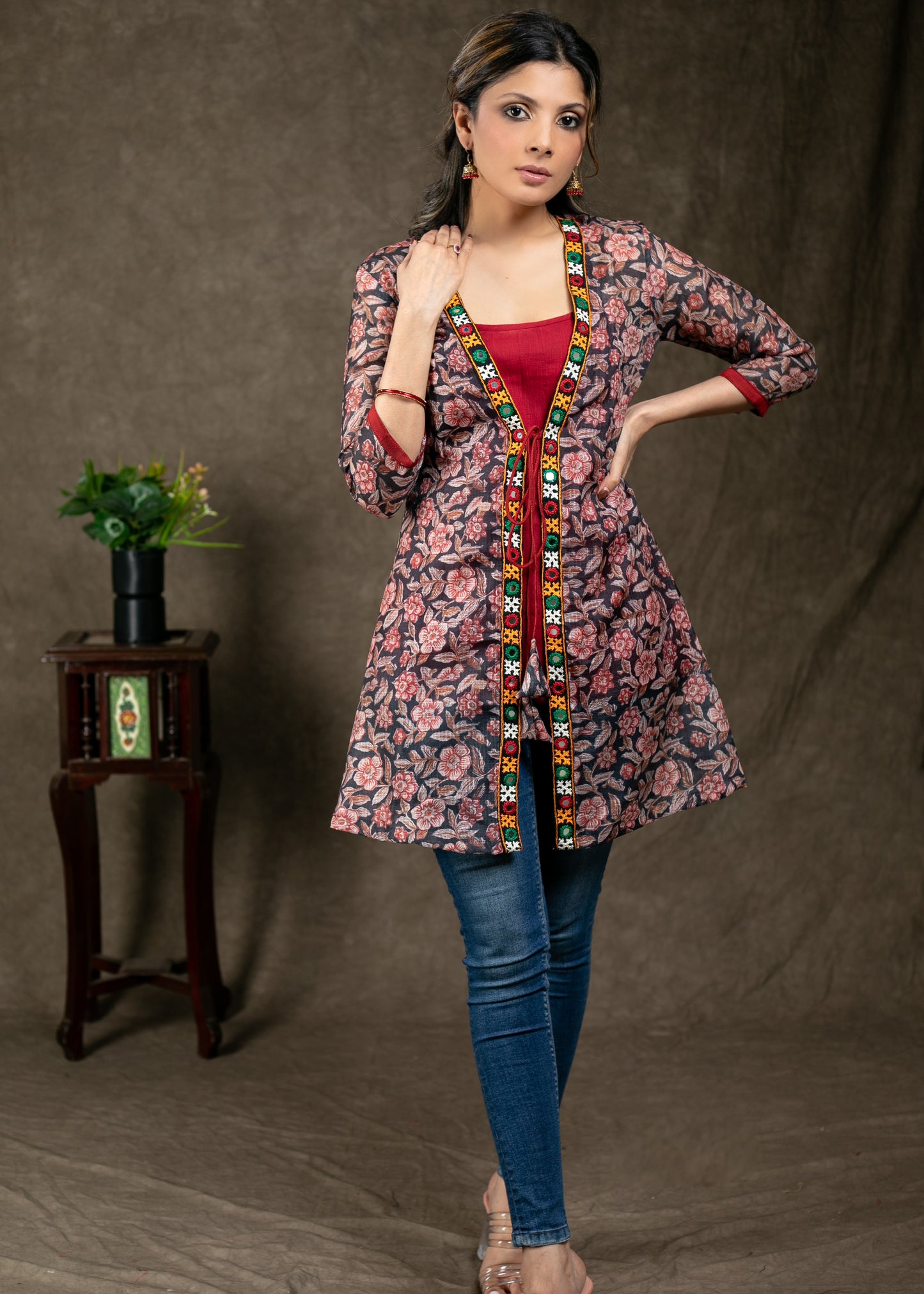 Layered Floral Print with Handmade Kutch Work with Matching Inner