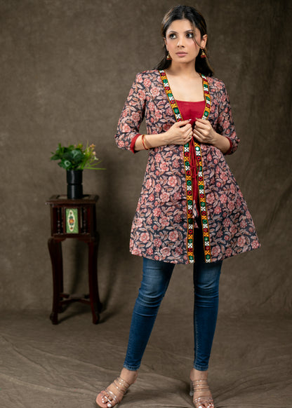 Layered Floral Print with Handmade Kutch Work with Matching Inner