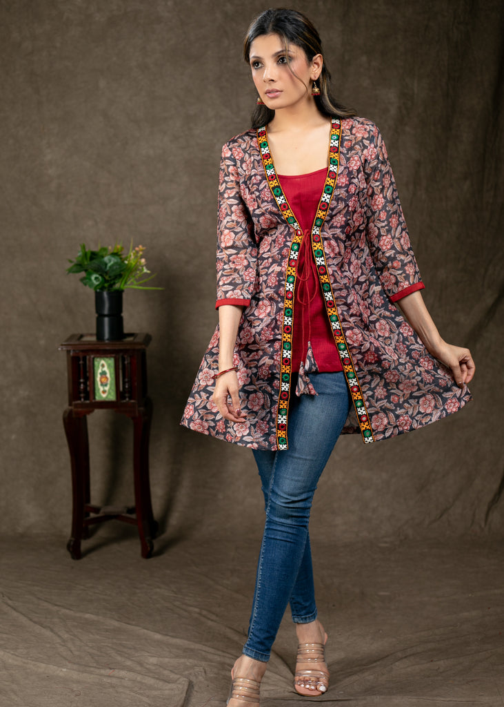 Layered Floral Print with Handmade Kutch Work with Matching Inner